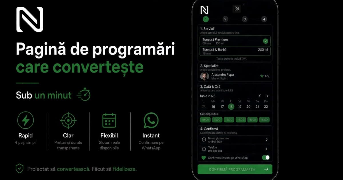 Structura unei pagini de programări online care convertește interesul în rezervare.