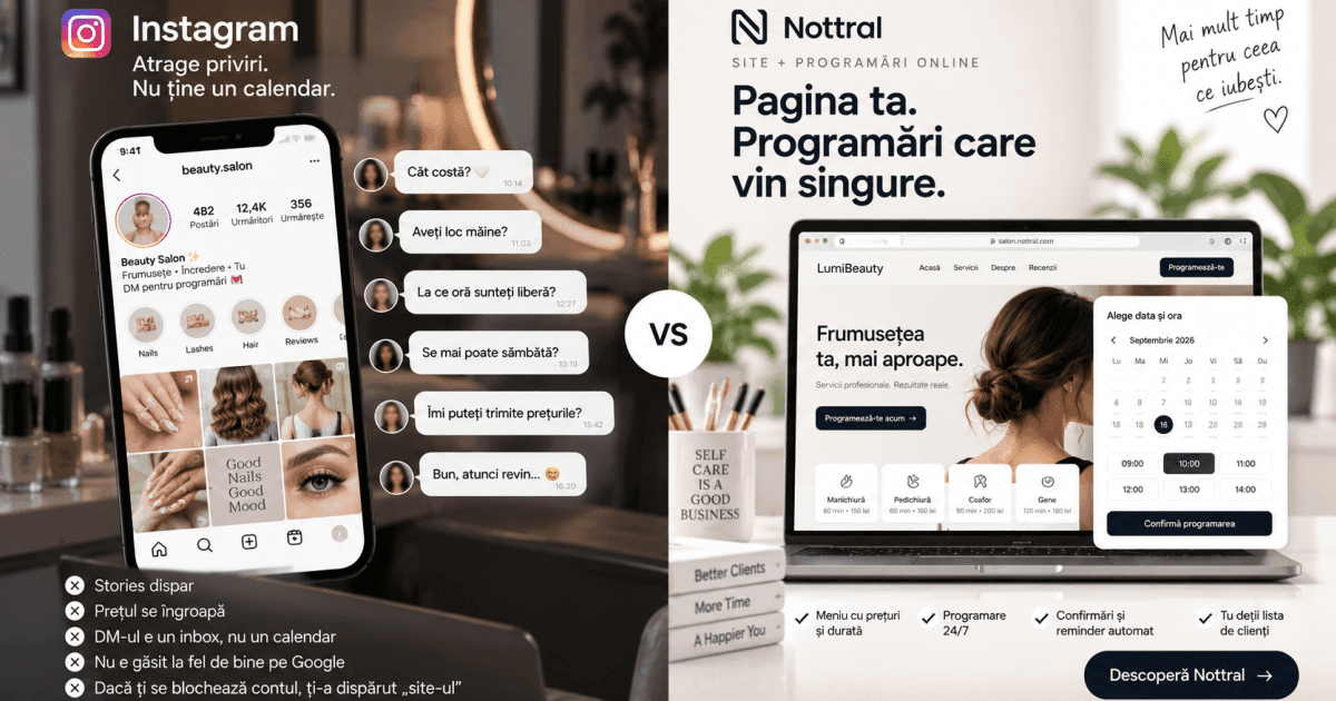 Comparație între Instagram și un site cu programări online pentru saloane.