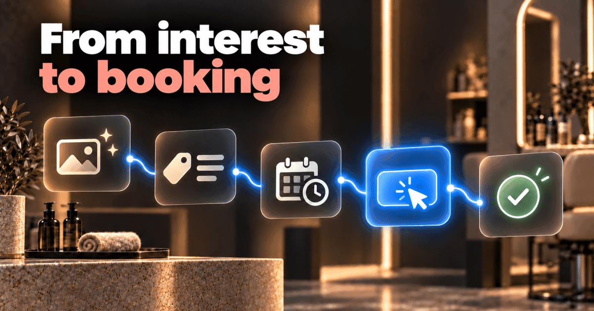 What is missing on a salon page between interest and an actual booking.